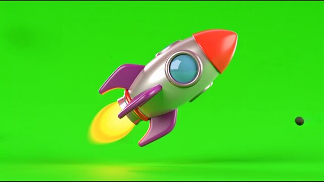 Animated 3d rocket ship flying on green screen background