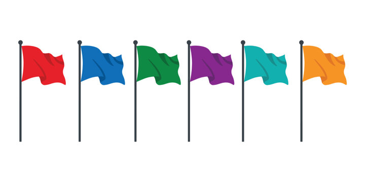 Set of colorful flags on poles isolated on white background