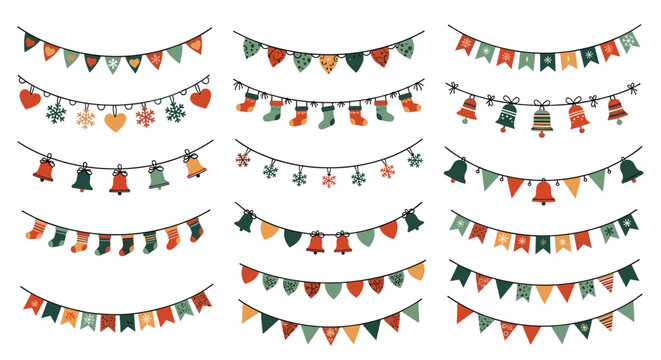 Large collection of festive Christmas bunting garlands with flags socks bells and ornaments for holiday decoration.