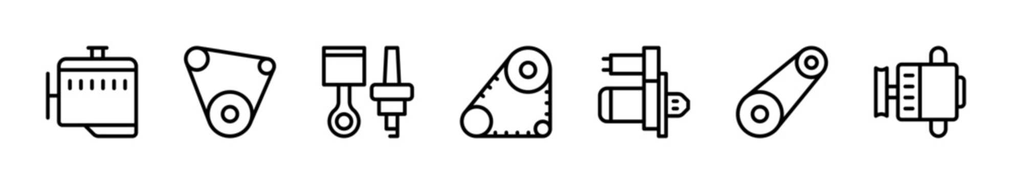 Covering car engines vector linear icons set. Contains such icons as engine, piston, spark plug, belt, starter, generator and more. Vector illustration.