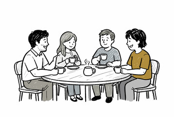 Fototapeta premium Four Friends Chatting Around A Table.