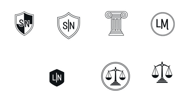 Collection of law and justice icons including scales of justice shields and columns for legal business design.