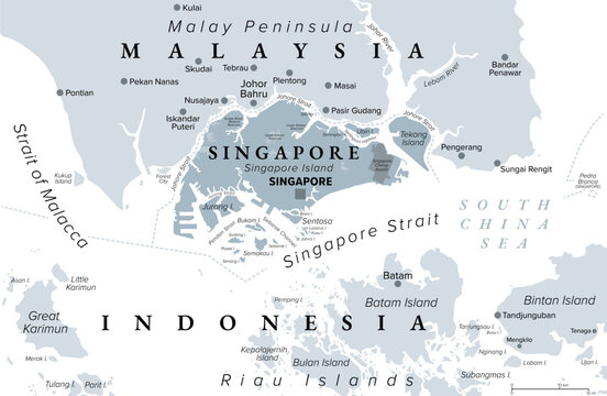 Singapore and vicinity, gray political map. Island country in Southeast Asia, in the South China Sea, separated from Malaysia through Johore Strait, and from Indonesia through Singapore Strait. Vector