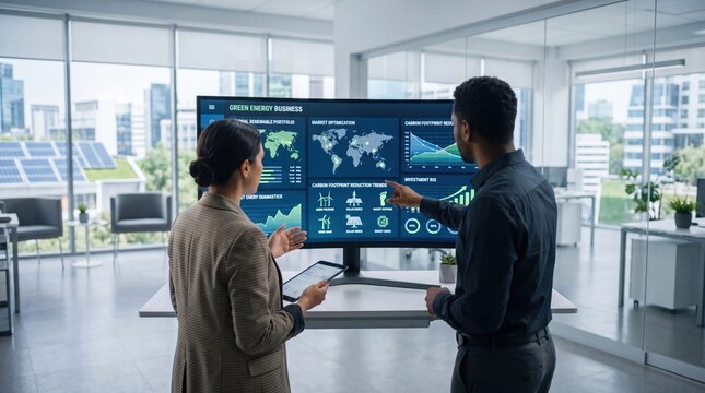 Business professionals analyzing green energy data on large screen, renewable portfolio optimization, carbon footprint reduction trends, investment ROI charts in modern
