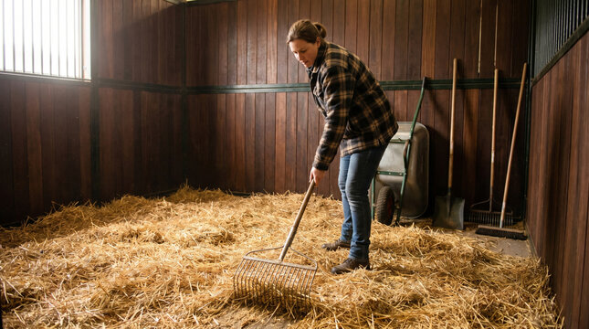 Farmer Spreading Hay with Rake Inside Wooden Stable Barn
