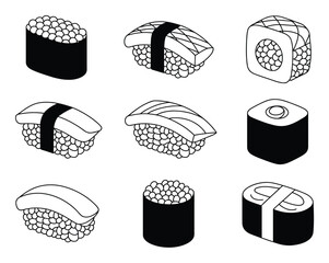 A collection of various sushi rolls and nigiri pieces illustrated in a simple black and white line style © Khalek