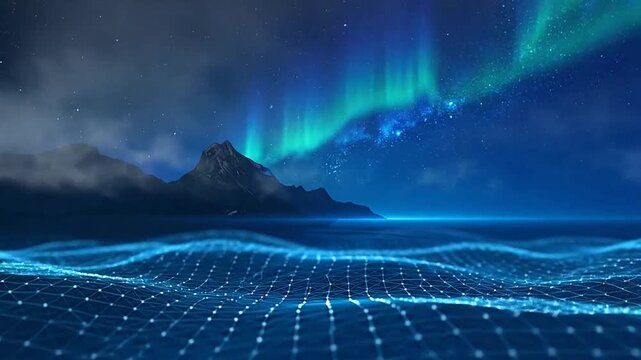 Digital data waves flow beneath a glowing night sky landscape