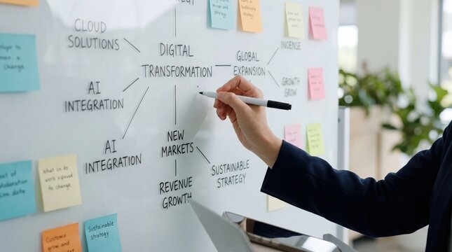 Hand drawing digital transformation strategy mind map on whiteboard with sticky notes, focusing on AI integration, cloud solutions, global expansion and revenue growth for