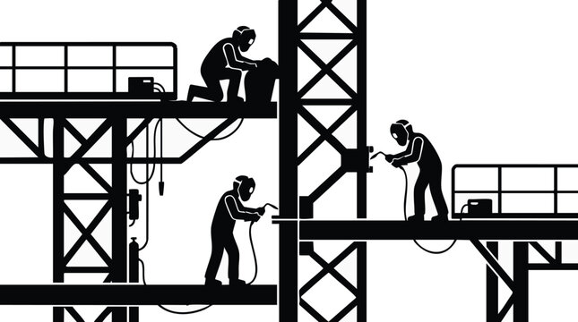 Welders perform heavy construction tasks on elevated steel frameworks while utilizing safety gear and industrial equipment to assemble a large metal infrastructure project.