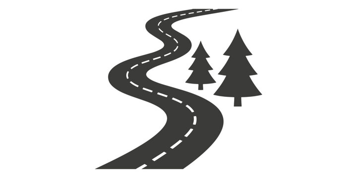 Winding road icon with pine trees