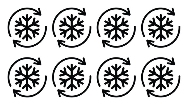 A pattern of black snowflake surrounded by circular refresh arrows on a white background