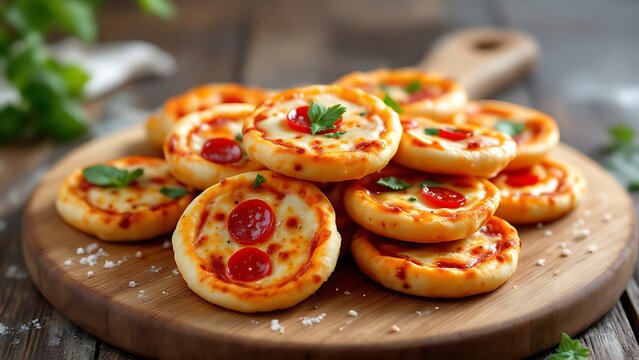 Delicious freshly baked mini pepperoni pizzas on wooden board