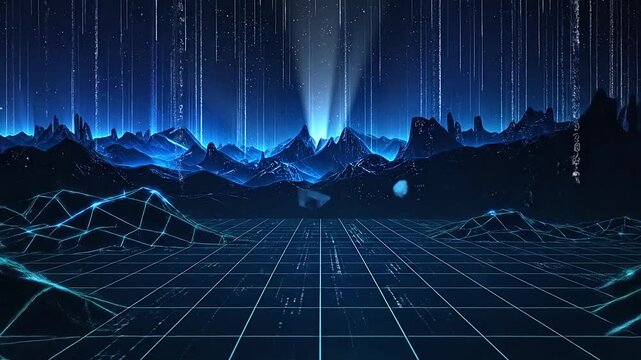 A digital landscape featuring glowing blue mountains and grid lines