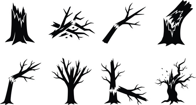 Broken and dead trees black silhouette vector set isolated on white background for storm damage graphic designs