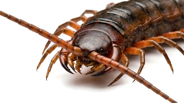 Close up macro shot of a large brown centipede on white background.