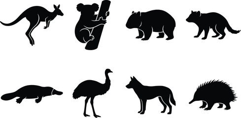 Obraz premium Australian animals black silhouette vector collection isolated on white background for wildlife and commercial graphic designs