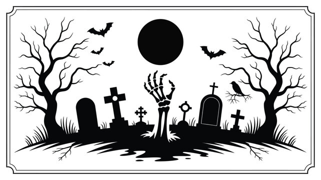 Spooky Halloween cemetery silhouette illustration, zombie hand rising from grave, full moon night scene, creepy haunted graveyard vector art, scary holiday design element for Halloween decorations, pa