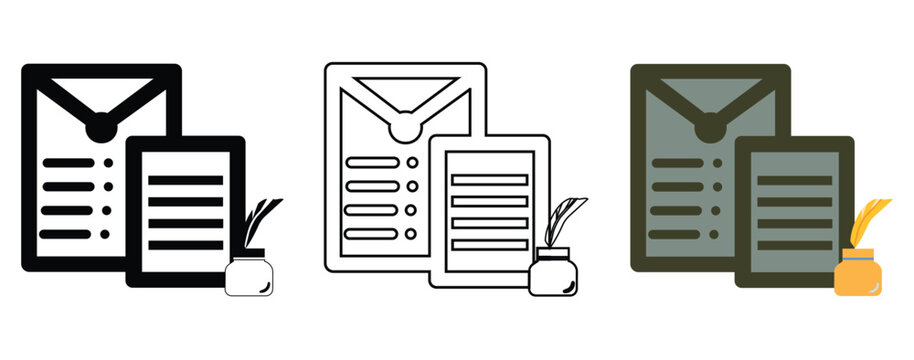 Ancient literature and historical writing icons set with paper scroll and quill pen in inkwell in outline, glyph and flat color styles for poetry and storytelling
