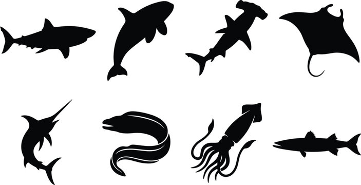 Ocean marine life predator black silhouette vector set isolated on white background for commercial graphic designs
