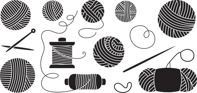 Knitting and crochet icon collection, monochrome vector illustration showcasing yarn skeins, thread spools, wool balls, and handmade crafting supplies isolated on a white background, 