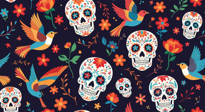 Vibrant seamless pattern for day of the dead features decorative sugar skulls, colorful birds, and flower blossoms on a dark backdrop.