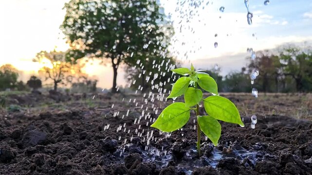 Watering a young green sapling in fertile soil with a watering can. Environmental conservation concept