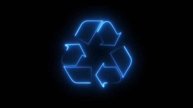Glowing neon recycle symbol animation on black background with motion graphic clip