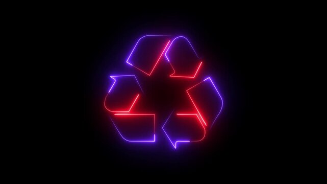 Glowing neon recycle symbol animation on black background with motion graphic clip