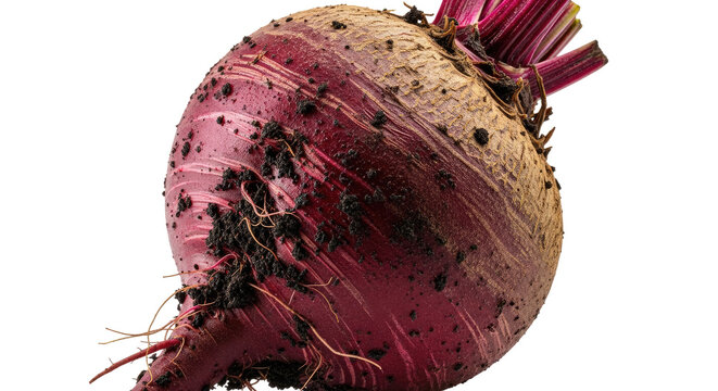 Closeup of a single fresh beetroot with soil and roots isolated on a transparent background showing detailed texture and vibrant colors