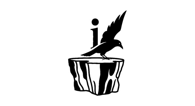 Black bird perched on striped barrel illustration.