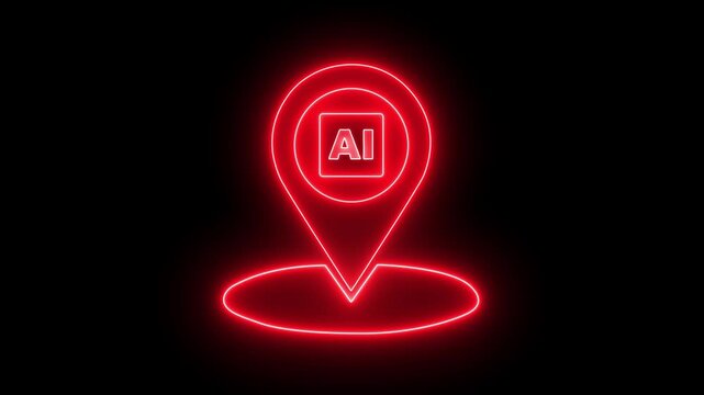 glowing neon Map pin location pointer with an AI microchip icon inside, representing local artificial intelligence, tech hub, or GPS tracking navigation data. 4k video animation