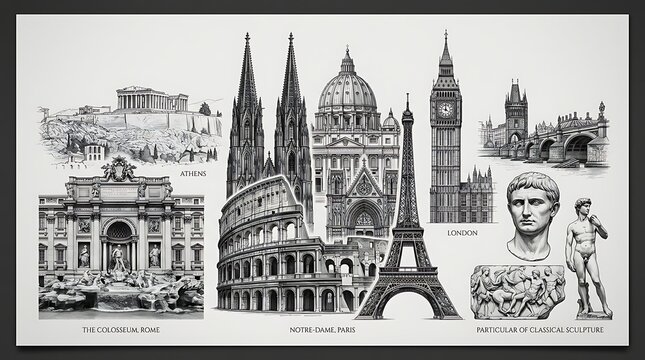 Iconic landmarks and statues of classical and modern architecture