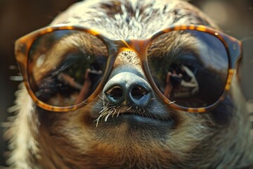 Fototapeta premium Close up of a sloth wearing sunglasses, enjoying summer vibes