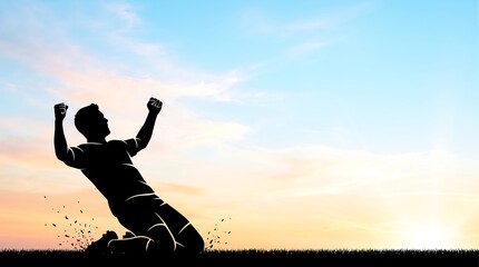Fototapeta premium Silhouette of a triumphant soccer player celebrating victory on a field at sunset, with arms raised in joy and achievement.