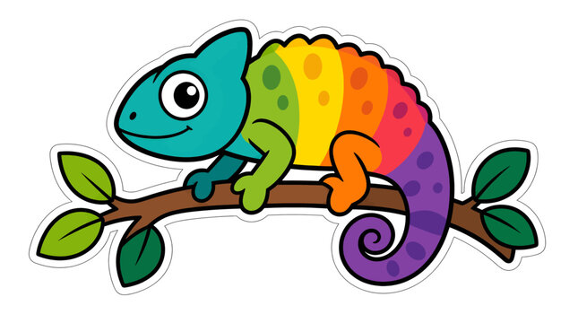 Colorful cartoon chameleon on branch.