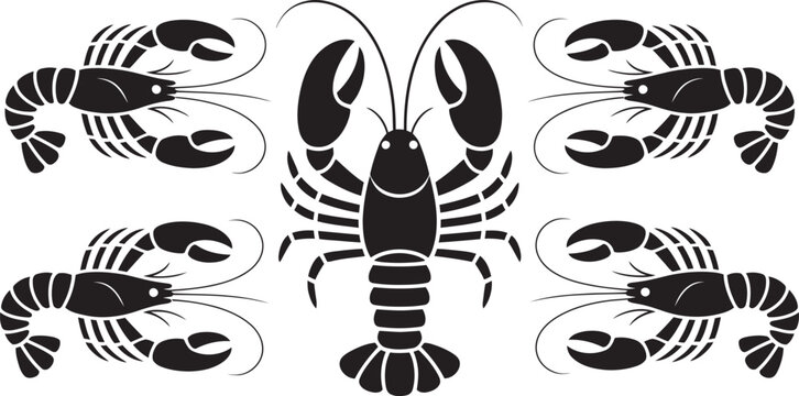 Black lobster and crayfish silhouette set, vector collection featuring various lobster and crayfish poses isolated on a white background in bold monochrome style, ideal for seafood branding,
