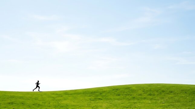 A lone runner traverses a vast, undulating green hill under a clear, expansive blue sky, symbolizing freedom and the joy of outdoor exercise.