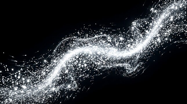 Abstract flowing wave of bright white glowing particles creating a dynamic motion effect against a deep dark black background captured with high contrast digital art style