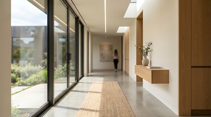 Fototapeta premium Modern residential hallway with glass walls and courtyard