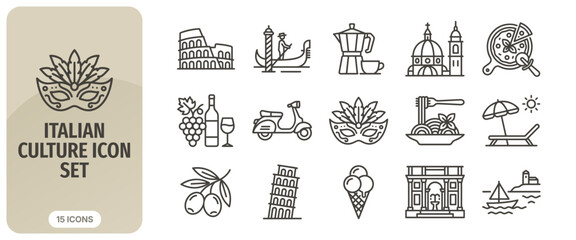 Italian culture icon set, vector illustration of traditional symbols including colosseum, gondola, pizza, pasta, wine, scooter, and carnival mask © Abir Creative Studio