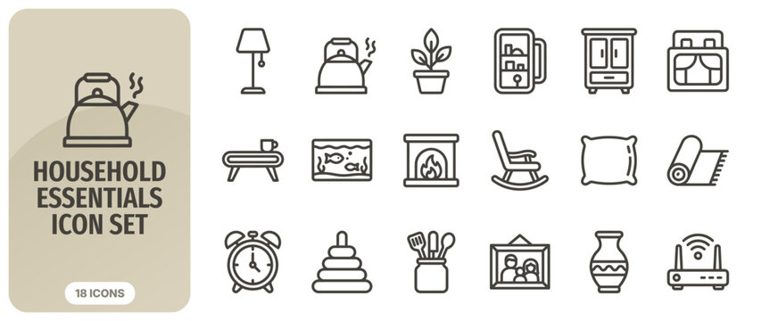 Household essentials icon set, vector illustration of home furniture and decor items, thin line style icons for interior design