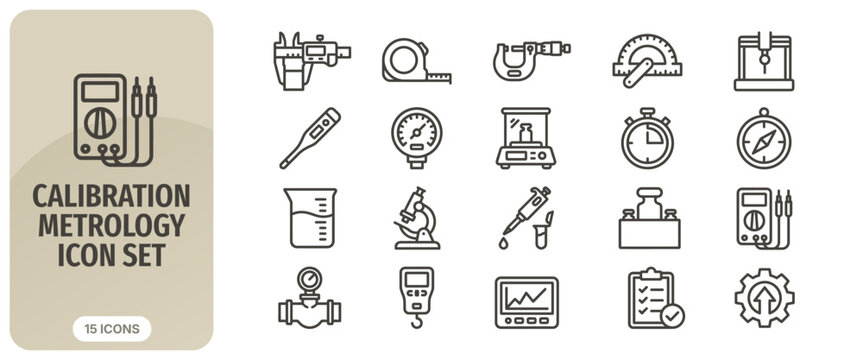 Calibration and metrology icon set measuring instruments, laboratory equipment, precision tools, quality control, technical inspection, vector line icons