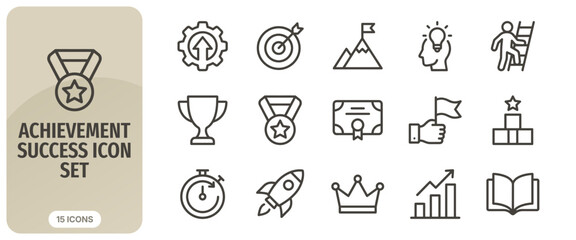 Fototapeta premium Achievement and success icon set, thin line style, vector illustration of business goals, awards, and growth symbols