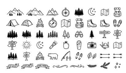 Large collection of outdoor camping and hiking adventure line icon doodles vector illustration isolated on white background © Md
