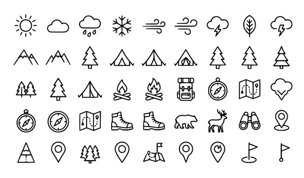 Outdoor camping and hiking adventure map line icon set vector illustration isolated on white background for nature tourism