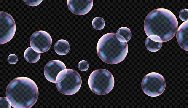 Realistic soap bubbles with rainbow reflection, transparent spheres with iridescent surface, floating glossy balls, vector illustration