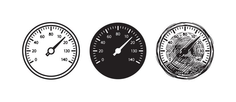 Speedometer icon set showing approximately 20 km/h, in outline, solid, and hand-drawn styles.