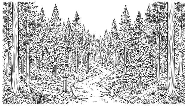 Vector engraving illustration of a scenic forest trail winding through pine trees with a wooden path sign
