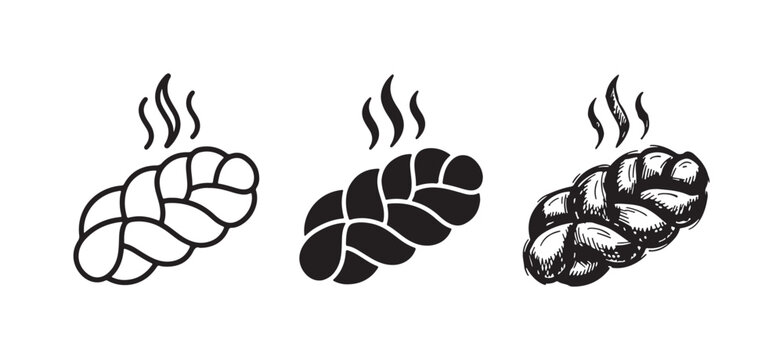 Hot Braided Bread Loaf Icons - Outline, Solid, and Hand-Drawn Styles for Bakery, Freshness, and Tradition