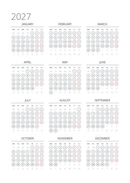 English 2027 Vertical 3x4 Grid Ultra Minimalist Line Art Calendar Sheet Thin Grid Year Planner (Compatible with 2038 and 2049).